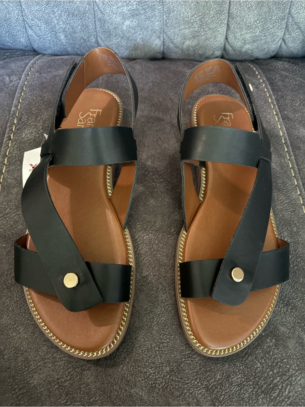 Franco Sarto Black and Brown Leather Cross-Strap Sandals
